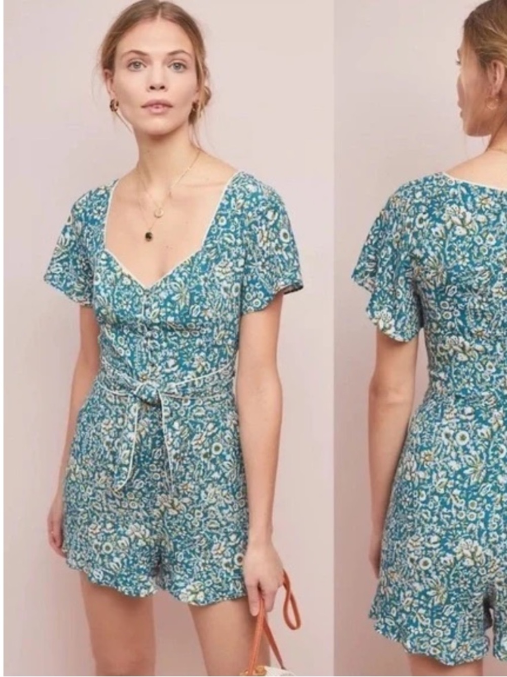Maeve Anthropologie Womens Teal Floral Short Sleeve Romper Size 10 Casual Boho